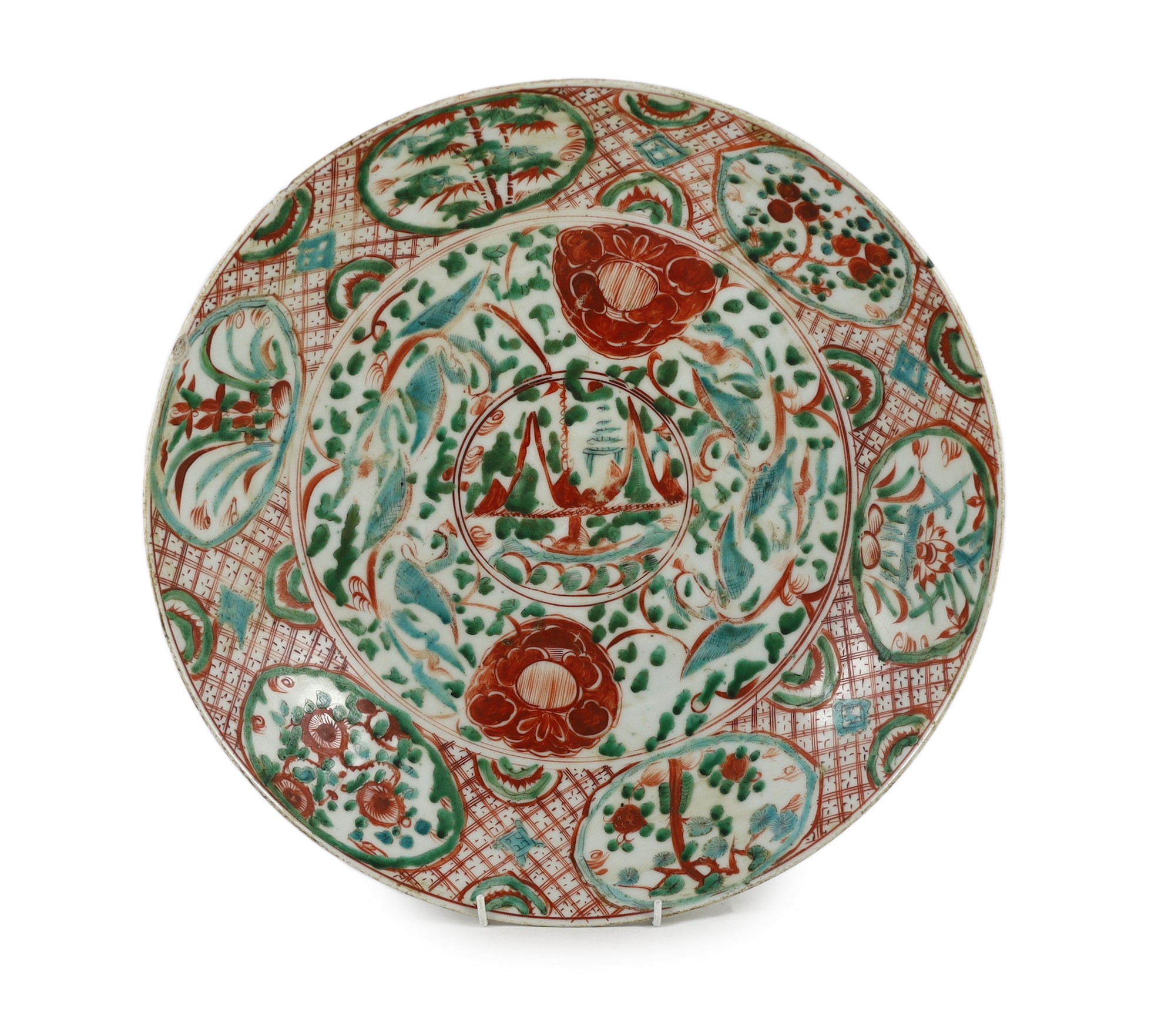 .A Chinese Ming enamelled porcelain dish, Zhangzhou ware (Swatow), late 16th/early 17th century, 42.5 cm diameter, minor faults